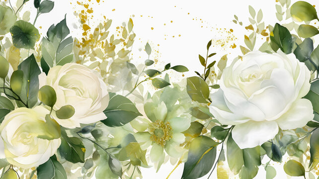 Watercolour background illustration with green gold leaves, white flowers, rose, peony on white background. Ai generated