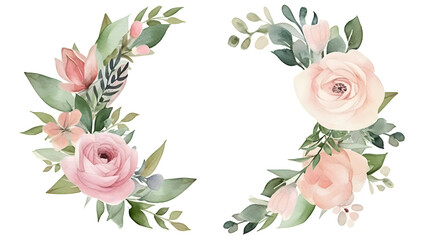 Watercolour floral border wreath with green leaves, pink peach blush white flowers branches on white background. Ai generated