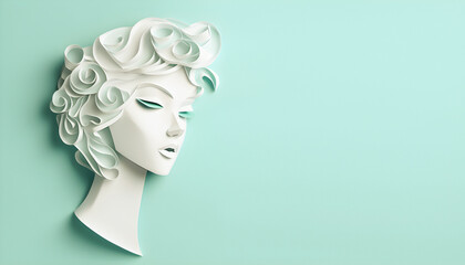Paper art pretty women face on pastel green background, free space, super sharp. AI generated