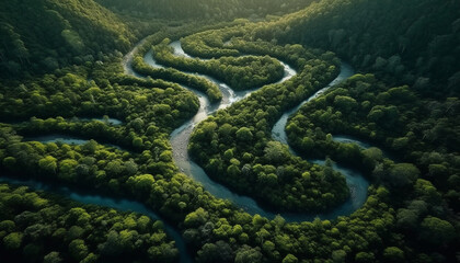 Obraz premium Tranquil scene: Aerial view of green forest and blue water generated by AI