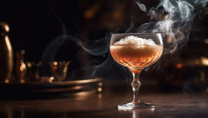 A luxurious whiskey cocktail on a burning wooden table generated by AI