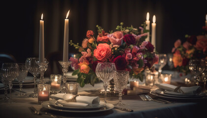 Elegant wedding celebration with luxurious decor, candlelight, and floral arrangements generated by AI
