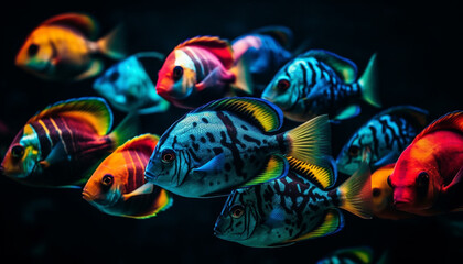 A school of multi colored clown fish swimming in a reef generated by AI