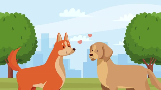 cute dogs couple characters animation