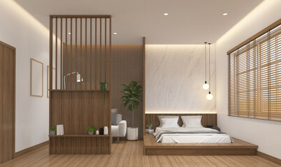 Modern japan style bedroom decorated with built-in bed and bookshelf, marble wall and wood grating wall. 3d rendering