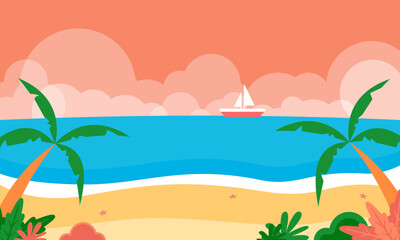 Tropical landscape of coast beautiful sea shore beach on good sunny day flat vector illustration, Creative background of landscape, panorama of sea and beach. Summer sale, post template