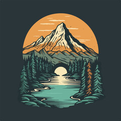 Mountain evergreen pine forest and river scene vintage badge logo vector illustration
