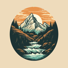 Mountain evergreen pine forest and river scene vintage badge logo vector illustration