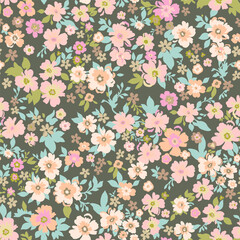 Seamless vintage pattern. Dark green background. Large light pink and light red flowers. Vector texture. Fashionable print for textiles and wallpaper in pastel not bright colors.