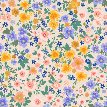 Seamless pattern. Vector flower design with cute wildflowers. Romantic abstract floral pattern on yellow background. Floral illustration of red, yellow, purple and blue flowers with green leaves.