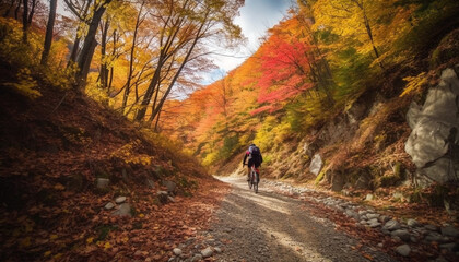 Obraz premium An athlete cycling through a vibrant autumn mountain landscape generated by AI