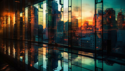 Modern skyscrapers illuminate the city skyline at dusk, reflecting abstractly generated by AI