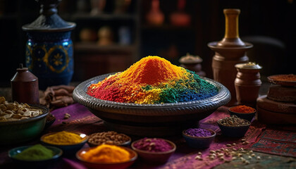 Vibrant colors of Indian spices decorate traditional festival rice bowls generated by AI