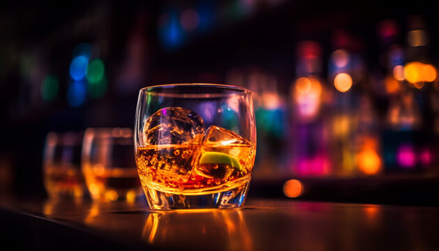 A luxurious shot of scotch whiskey on ice, elegantly illuminated generated by AI