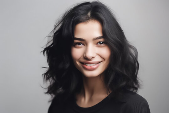 This expertly lit head shot portrait captures the stunning beauty of a Latin American woman with black hair and a radiant smile. generative AI.