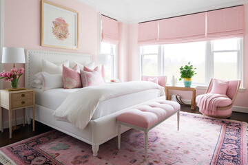 Pink Accents and Soft Textiles in a Light Bedroom,  Generative AI