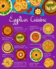 Egyptian cuisine food menu page design. Trotter, legume and fish soups, Bissara pureed broad beans, Zaalouk eggplant salad and Kesra sesame bread, Harira Ramadan, Balik corbasi fish and lentil soup