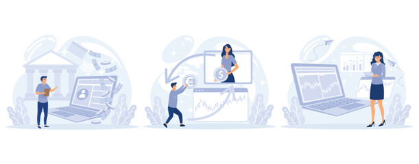 Financial system  concept, Open banking platform, currency exchange, stock market index, forex broker, digital transformation, global investment.  set flat vector modern illustration 