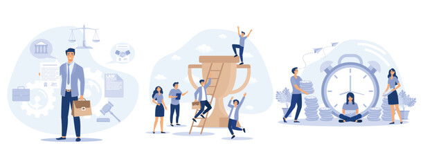 Corporate Lawyer, Consultant Holding Signed Business Agreement. Office Workers Celebrating Victory in Competition, Work Payment, People Invest Money. E business, set flat vector modern illustration