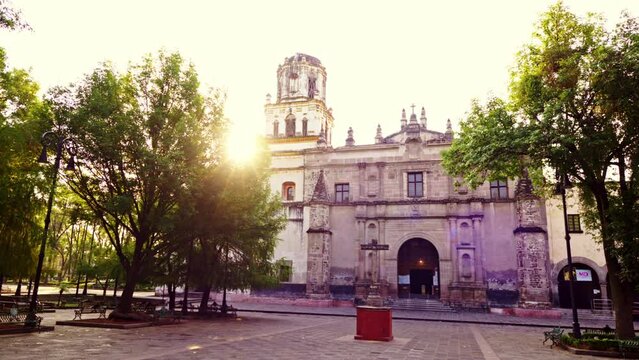 View of San Juan Bautista Parish in  Coyoacan, one of oldest churches in Mexico City, 4K Video.