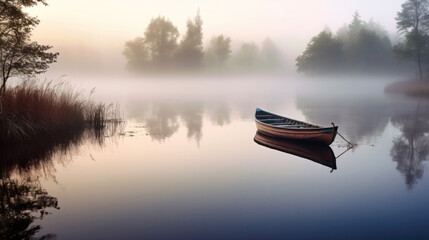 Foggy sunrise on the lake. Old boat near the shore. Generative AI.