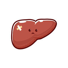 Cartoon sick liver character, injured unhealthy human organ, isolated vector. Sad liver with medical patch, hepatic disease or unhealthy illness and infection, hepatitis or cirrhosis of liver