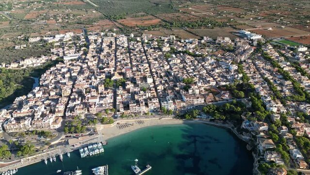Panoramic Aerial View Of Porto Cristo Coastal Town Near Sa Coma, Eastern Coast Of Mallorca, Spain.