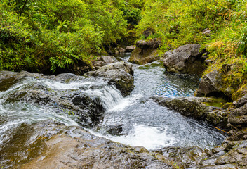 Cascades on Hanakapiai Stream Deep Inside Hanakapiai Valley, Kauai, Hawaii, USA