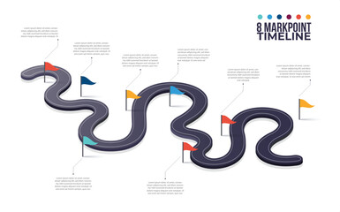 Winding Roadmap infographic with 8 markpoint flag.