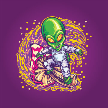 Alien Spaceman Surfing On Space With Trippy Mushroom Vector Illustrations For Your Work Logo, Merchandise T-shirt, Stickers And Label Designs, Poster, Greeting Cards Advertising Business Company 