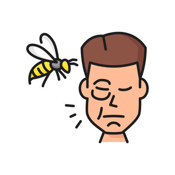 Wasp or bee sting allergy color line icon. Insect poison intolerance danger, bee sting symptom or allergic reaction outline vector pictogram, symbol or icon with wasp and man swollen face
