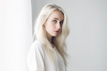 Fototapeta premium A stunning European American girl with flowing blond hair, smiling directly at the camera in bright studio lighting against a white background.