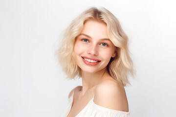 Obraz na płótnie Canvas A stunning European American girl with flowing blond hair, smiling directly at the camera in bright studio lighting against a white background.