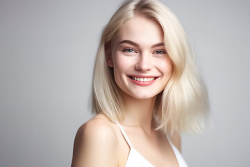 Fototapeta premium A stunning European American girl with flowing blond hair, smiling directly at the camera in bright studio lighting against a white background.