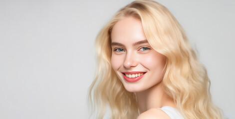A stunning European American girl with flowing blond hair, smiling directly at the camera in bright studio lighting against a white background. - obrazy, fototapety, plakaty