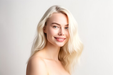 A stunning European American girl with flowing blond hair, smiling directly at the camera in bright studio lighting against a white background.