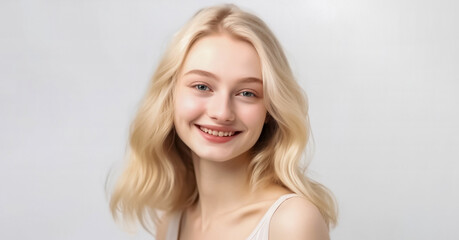 Fototapeta premium A stunning European American girl with flowing blond hair, smiling directly at the camera in bright studio lighting against a white background.