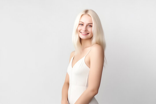 A stunning European American girl with flowing blond hair, smiling directly at the camera in bright studio lighting against a white background.