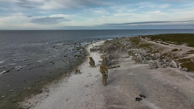 Aerial View of Langhammars Sea Stacks on F&aring;r&ouml; Island's Coastline