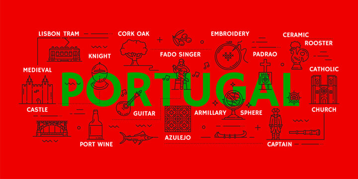 Portugal travel icons and infographics. Portugal culture, history and architecture symbols thin line banner with lisbon tram, cork oak, medieval knight and embroidery, fado singer, church and castle