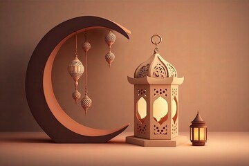 islamic ornament with pastel color consist of lantern and moon