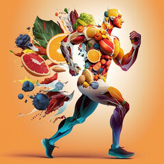 Ai generated illustration man running with a lot of energy. Fruit forming a human body, metabolism anв nutrition