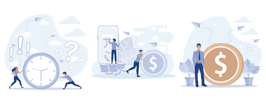  Rational Time Management, Money Transfer Online and Financial Operations in E-banking via Mobile Phone, Earning, saving and investing money,  set flat vector modern illustration  