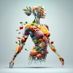 Ai generated illustration abstract women with vegetables and fruit. Vegan lifestyle concept, Healthy food fitness
