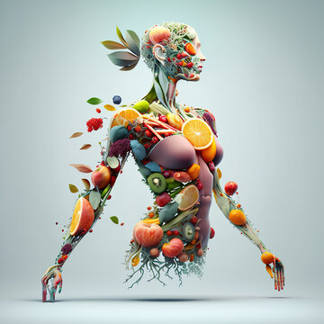 Ai generated illustration abstract women with vegetables and fruit. Vegan lifestyle concept, Healthy food fitness