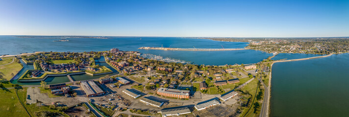 Aerial view of Fort Monroe star shaped military fort protecting Norfolk surrounded with a water filled moat - obrazy, fototapety, plakaty
