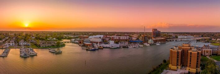 Stunning colorful sunset over Hampton Virginia with views of the harbor, air science center