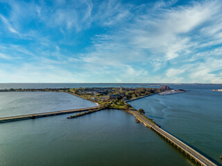 Aerial view of Fort Monroe star shaped military fort protecting Norfolk surrounded with a water...