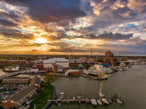 Stunning colorful sunset over Hampton Virginia with views of the harbor, air science center