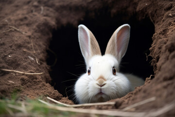 cute bunny in the hole - obrazy, fototapety, plakaty